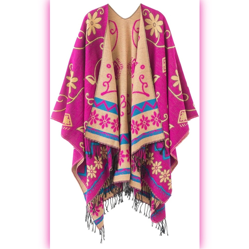Women’s Vintage Tassel Poncho Shawl Open Front Retro Cape Pink
